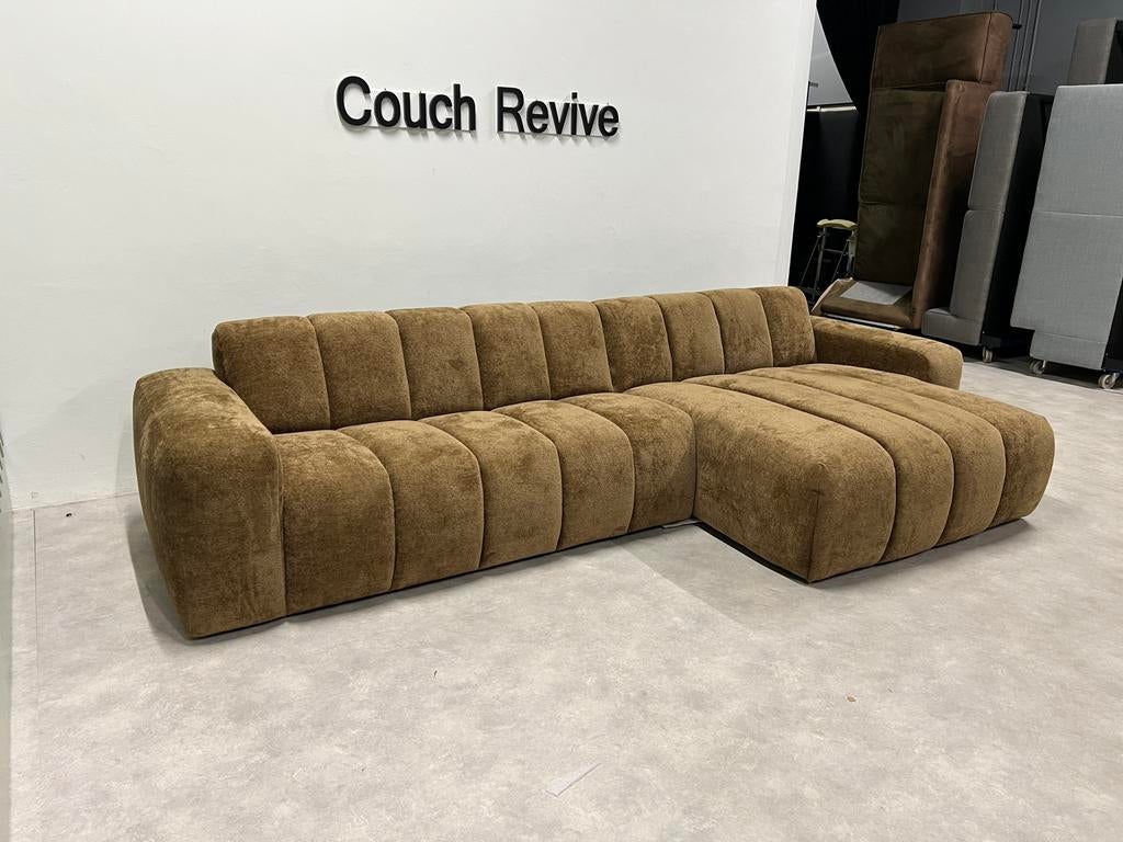 GRATIS LEVERING Sample goud kleurige bank 330x155, 75 tot 100 cm, Ophalen of Verzenden, Zo goed als nieuw, Stof