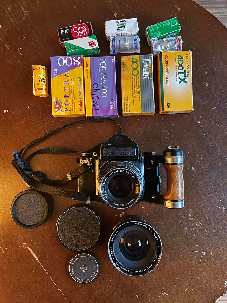 Pentax 6x7 mlu + 105mm+55mm+hendel en 26x rol, Ophalen, Gebruikt, Spiegelreflex, Pentax