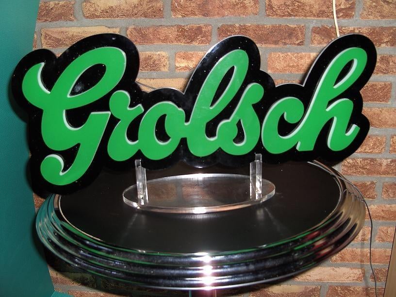 GROLSCH LEDVERLICHTING OP KUNSTOF DISPLAY VOOR MANCAVE, Verzamelen, Biermerken, Ophalen, Zo goed als nieuw, Reclamebord, Plaat of Schild