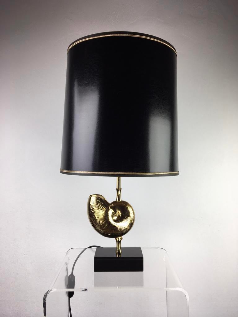 Vergulde vintage Nautilusschelp Tafellamp (1970s), 50 tot 75 cm, Ophalen of Verzenden, Zo goed als nieuw, Stof