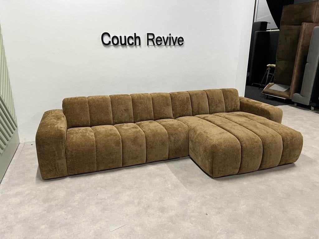 GRATIS LEVERING Sample goud kleurige bank 330x155, 75 tot 100 cm, Ophalen of Verzenden, Zo goed als nieuw, Stof
