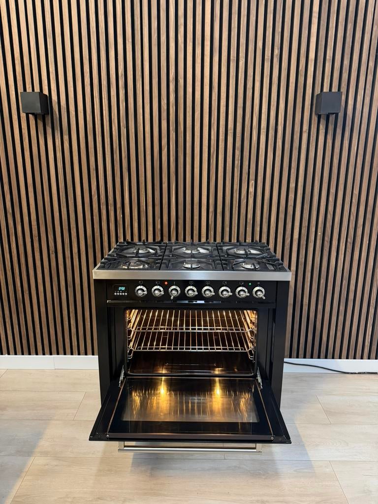 Luxe hoogglans zwarte Boretti Fornuis 90cm (Gratis bezorgen), 5258sh, 60 cm of meer, Ophalen of Verzenden, Zo goed als nieuw