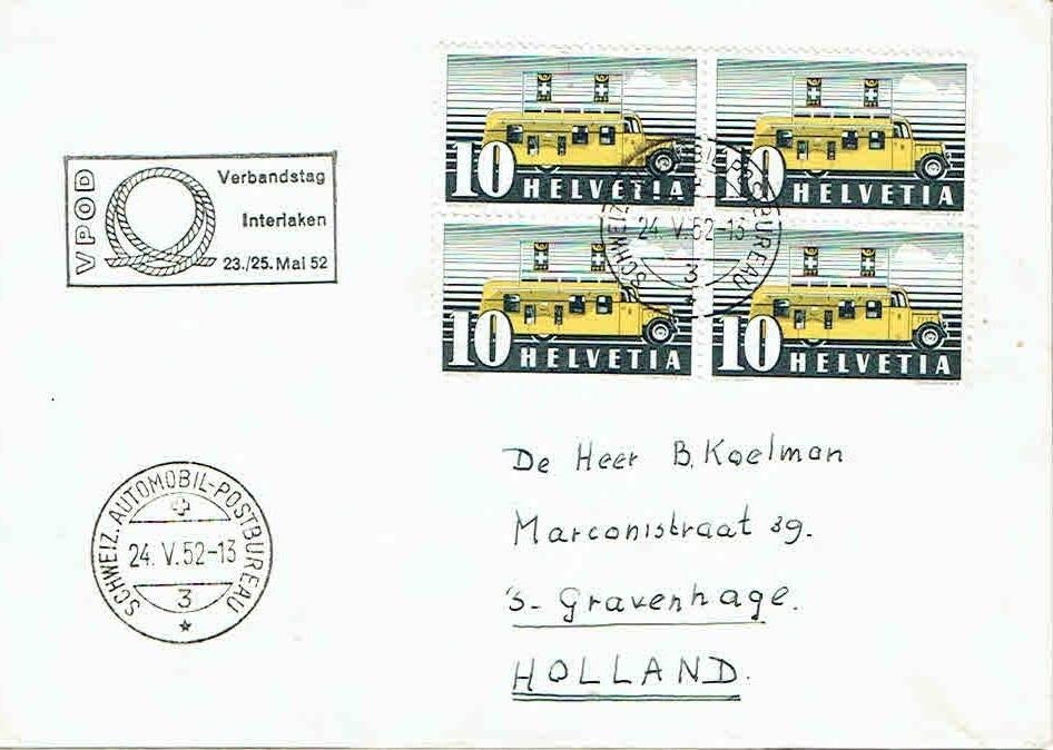 Zwitserland 1952 D57 Stempel Rijdend Postkantoor auto Blok 4, Verzenden, Envelop