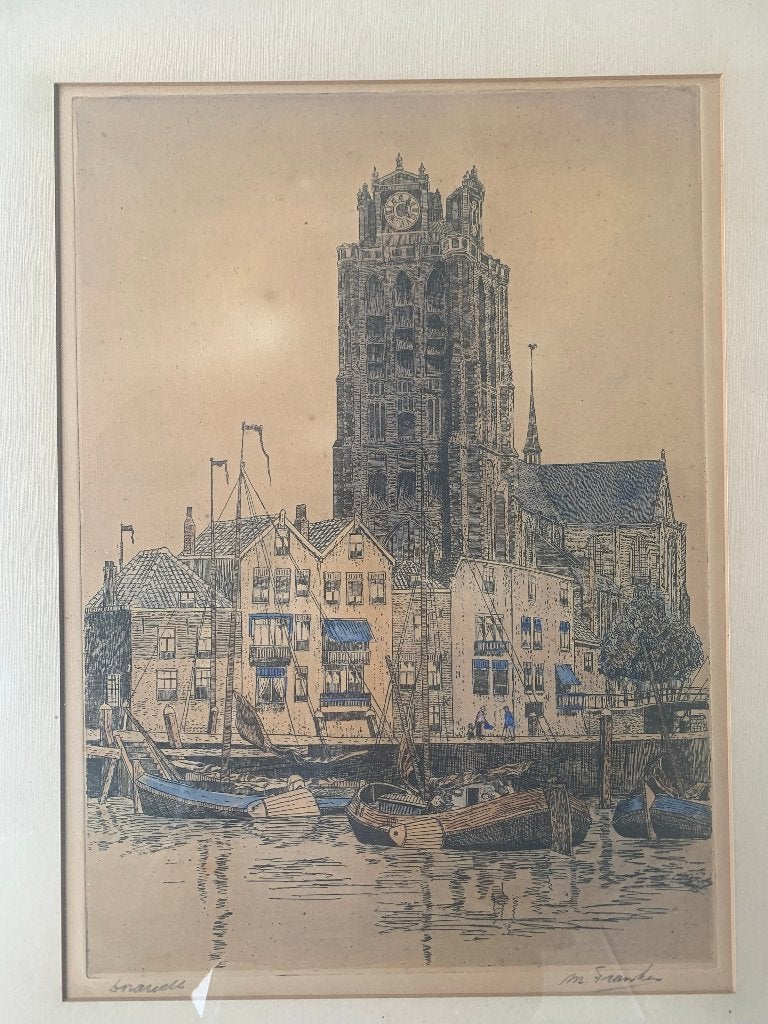Ets Grote Kerk Dordrecht Marianne Franken, Antiek en Kunst, Ophalen, Impressionistisch, Tekening, Gesigneerd