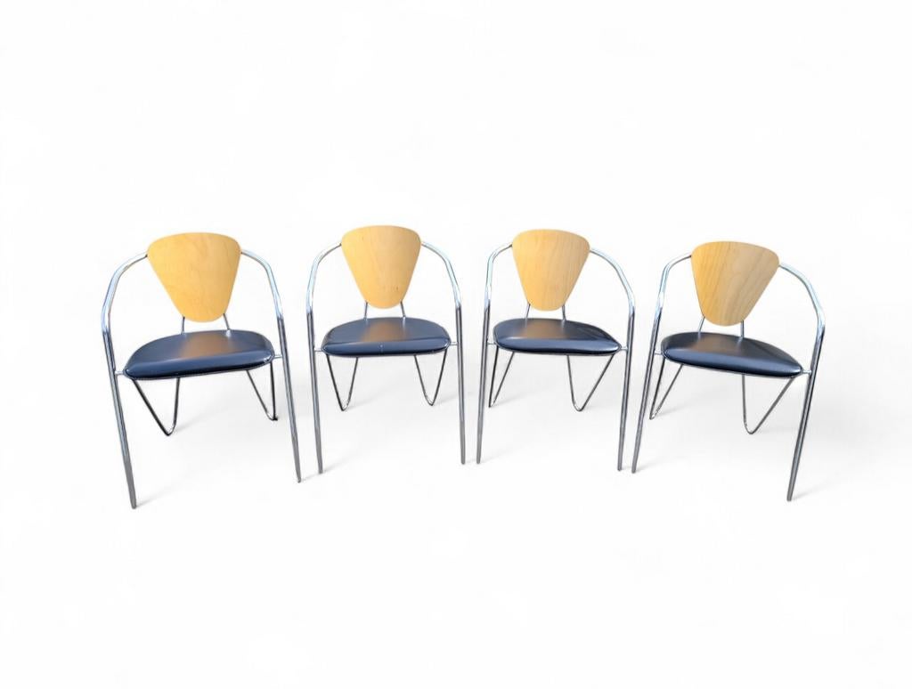 Set van 4 Italiaanse Effezeta design stoelen – chroom, leer,, Huis en Inrichting, Ophalen, Gebruikt, Zwart, Vier