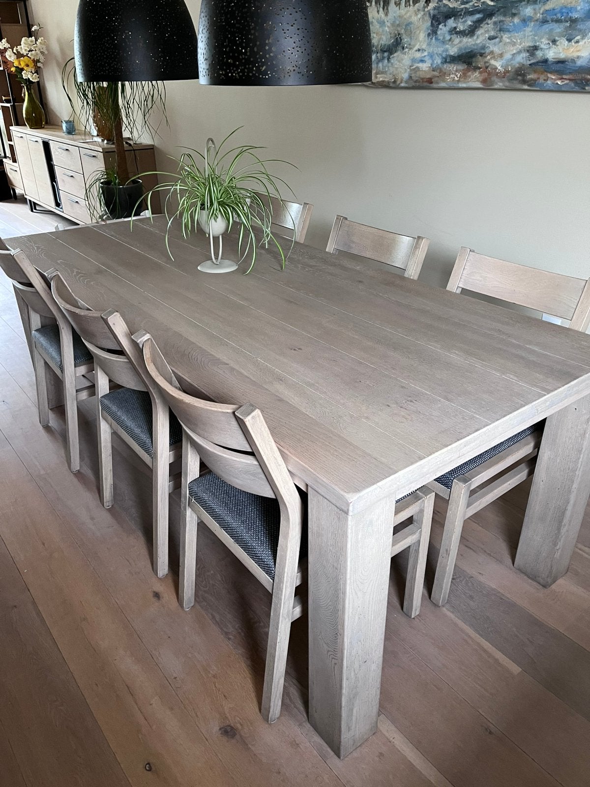 Massief eiken whitewash eettafel tafel met 6 stoelen, Ophalen, Gebruikt, 4 tot 6 stoelen
