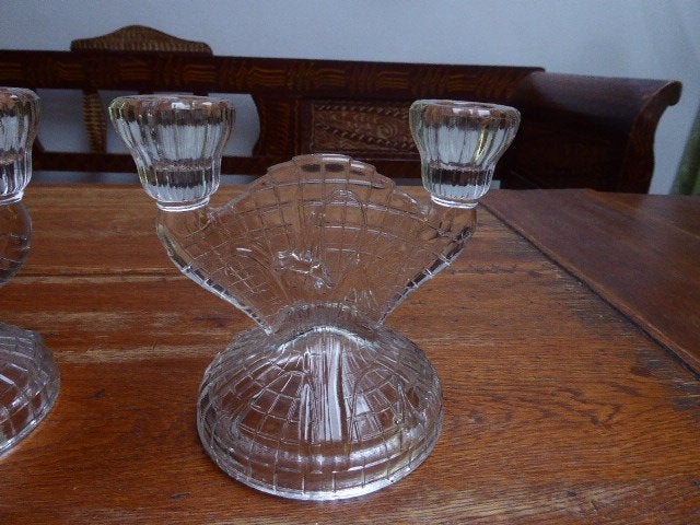 2 art nouveau persglazen kandelaars voor 2 kaarsen, Ophalen of Verzenden, Koper of Brons