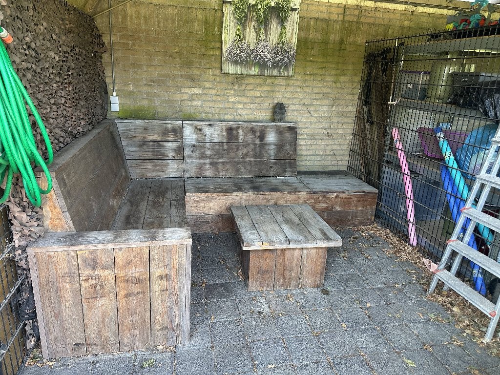 Steigerhouten hoekbank met opbergruimte, Tuin en Terras, Ophalen, Gebruikt, Hout