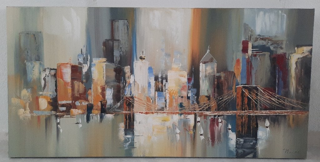 Skyline schilderij 140 x 80 cm - Norel, Ophalen, Textiel, Handgeschilderd, Stadsgezicht