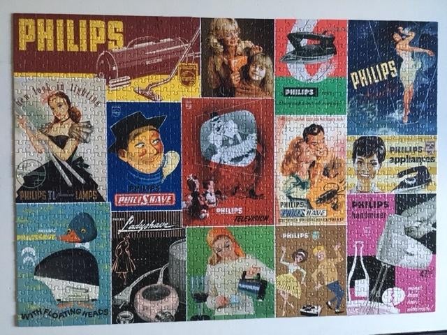 Puzzel 1000 stukjes: nostalgische Philips reclames, Ophalen of Verzenden, 500 t/m 1500 stukjes, Zo goed als nieuw, Legpuzzel