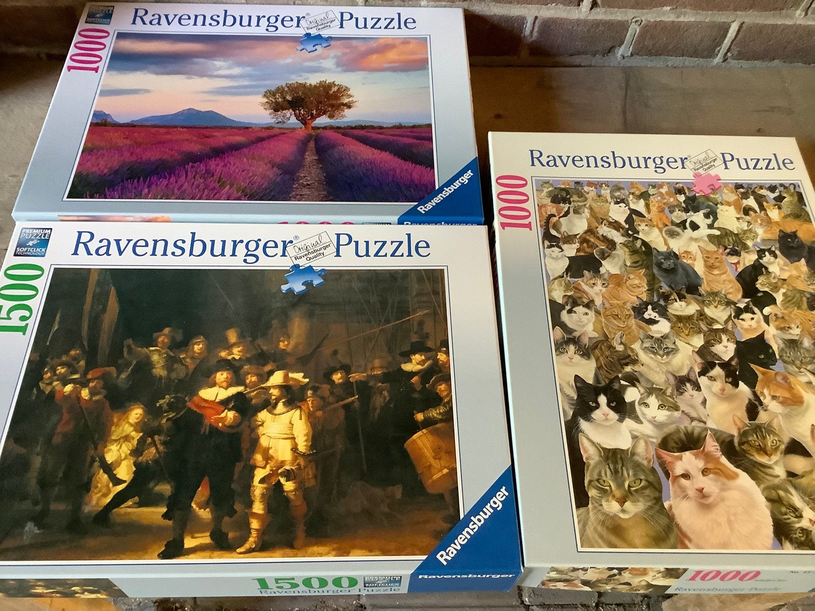 Diverse Ravensburger puzzels lavendel poezen De nachtwacht, Ophalen of Verzenden, 500 t/m 1500 stukjes, Gebruikt, Legpuzzel