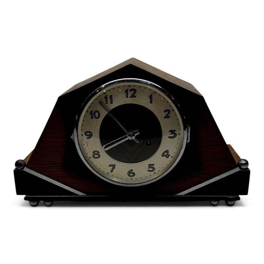 Art-deco schoorsteenklok in gefineerde houten kast, 1930, Ophalen of Verzenden