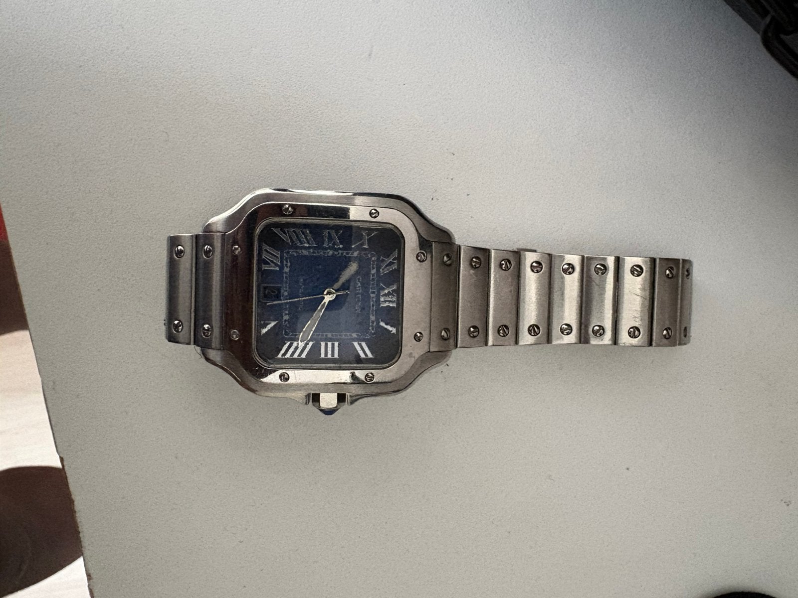 Cartier santos horloge blauw, Ophalen, Zo goed als nieuw, Staal, Overige merken