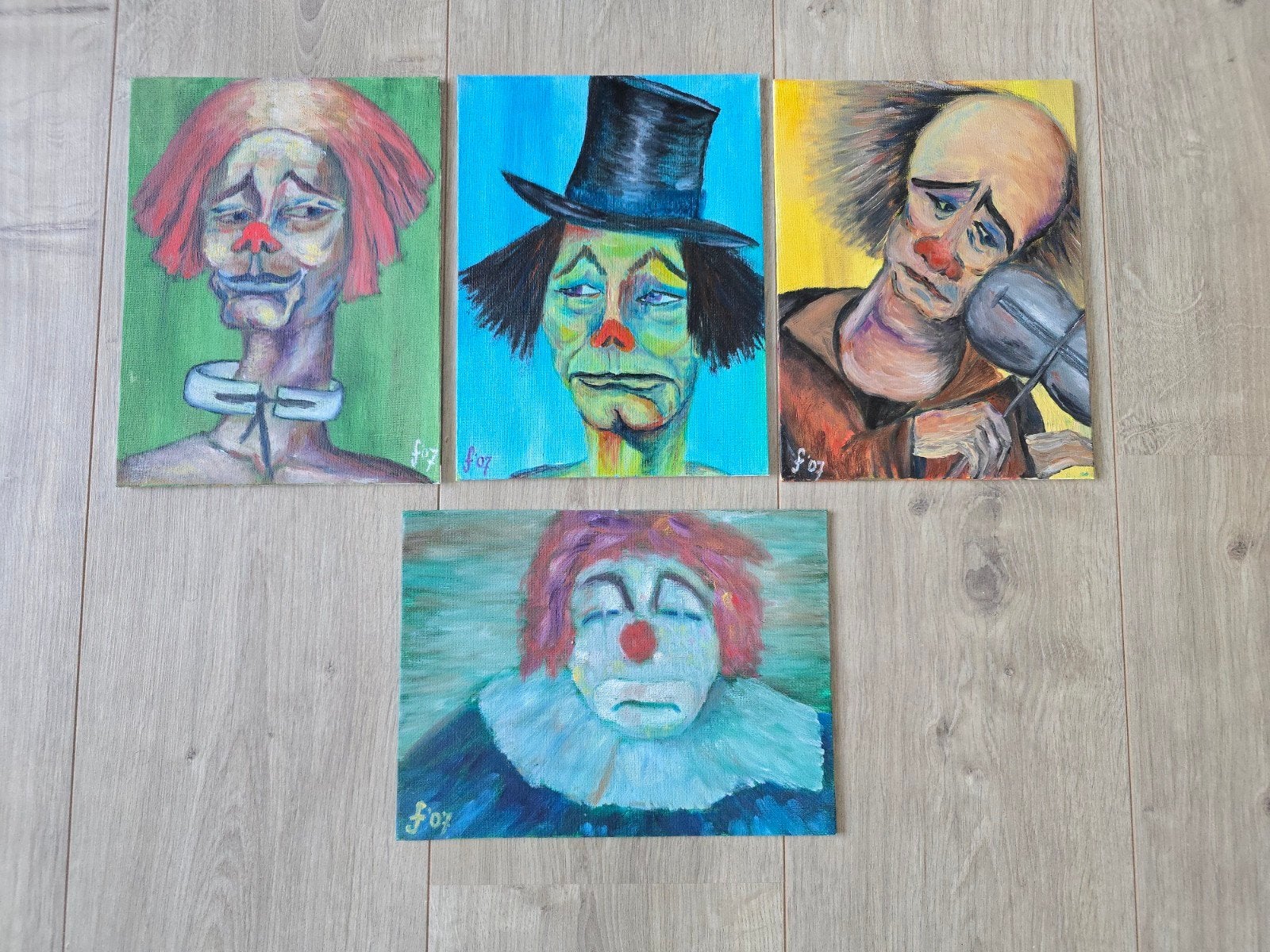 4 vintage Clown schilderijen van Frank van Wegel €59, Antiek en Kunst, Kunst | Schilderijen | Modern, Ophalen of Verzenden