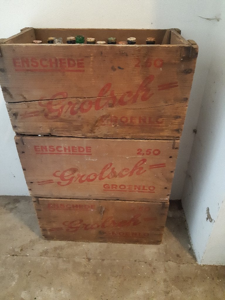 3 oude Grolsch houten kratten met flessen, Verzamelen, Biermerken, Ophalen, Gebruikt, Flesje(s), Grolsch