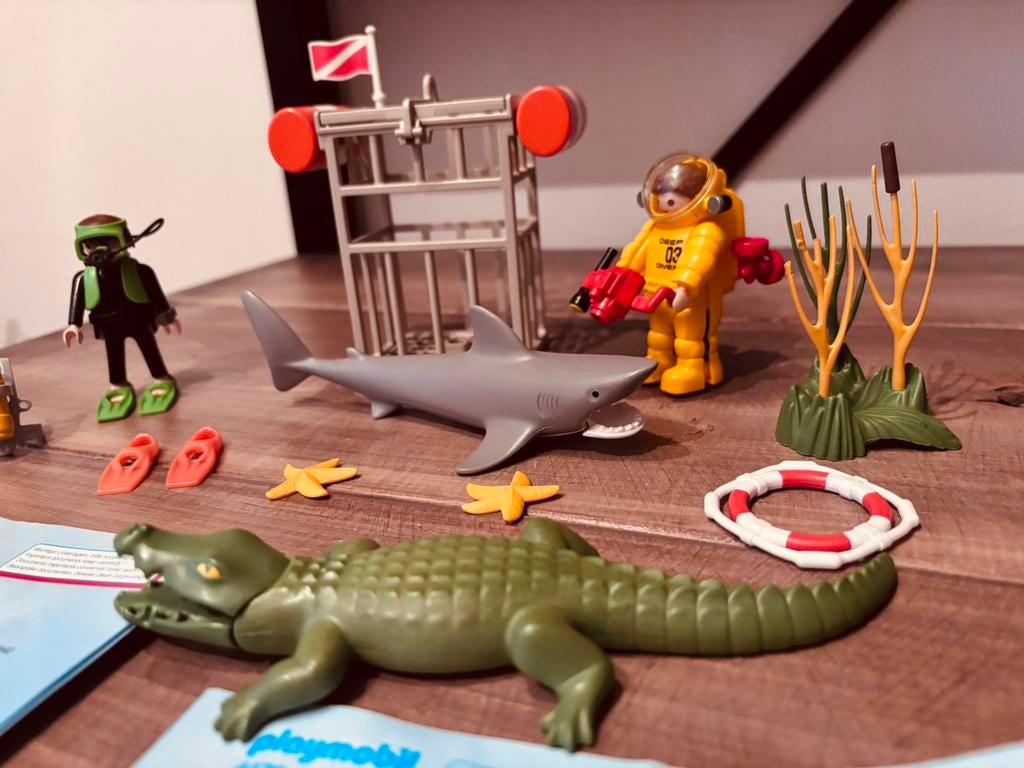 Playmobil duikers met haai en krokodil, duikerskooi, Ophalen of Verzenden, Gebruikt, Complete set