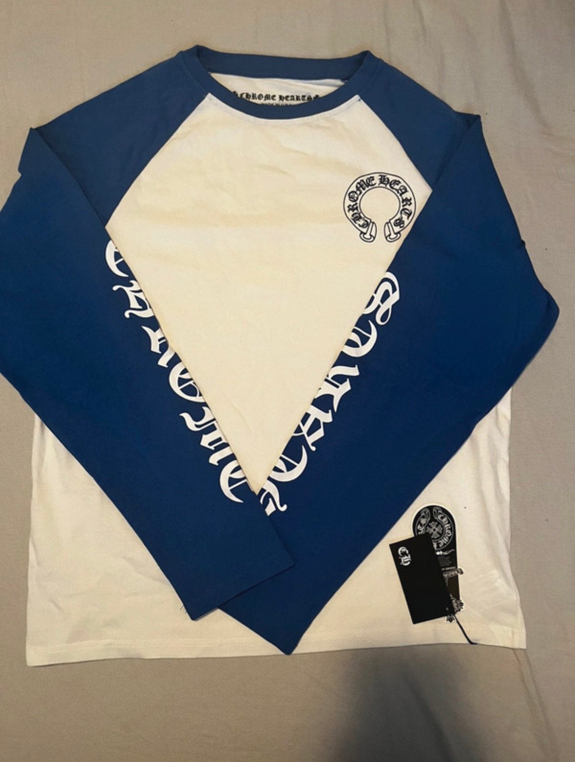 Chrome Hearts Longsleeve Baseball Tee Blauw/Wit Maat M, Kleding | Heren, T-shirts, Zo goed als nieuw, Blauw, Verzenden