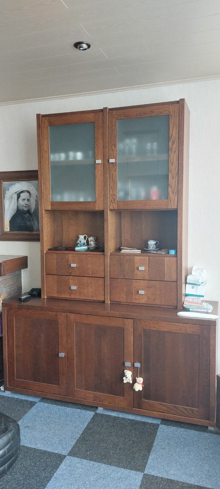 Massief eiken dressoir met vitrinekasten, Huis en Inrichting, Glas, Gebruikt, Ophalen of Verzenden, Klassiek, Landelijk