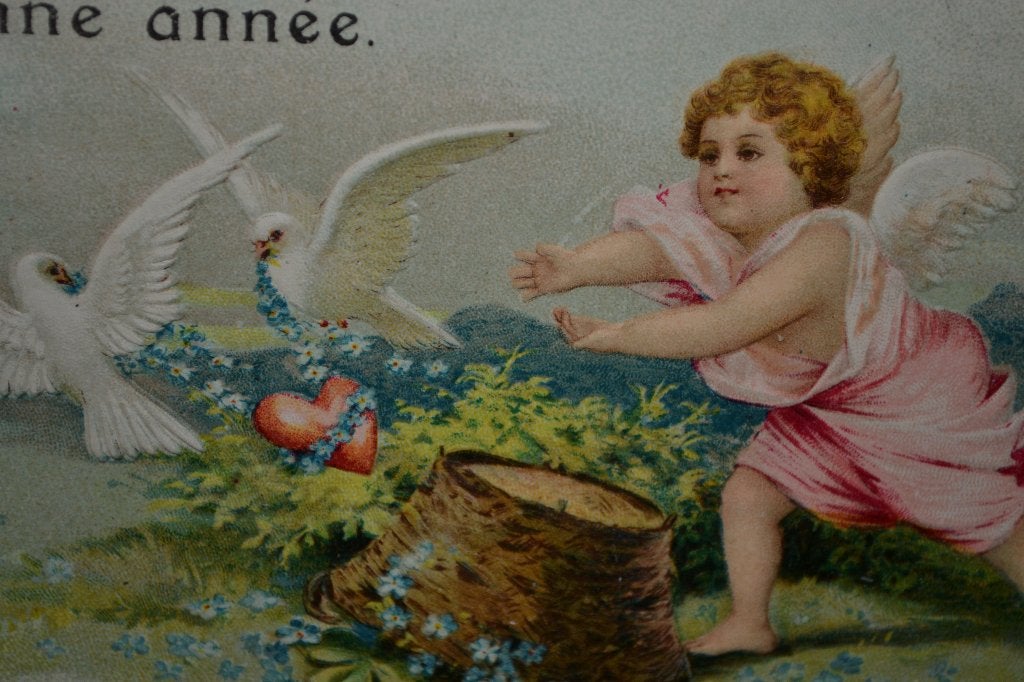 frankrijk relief 1907 engeltje duiven hartje nieuwjaar, Ophalen of Verzenden, Voor 1920, Gelopen, Sterren en Beroemdheden