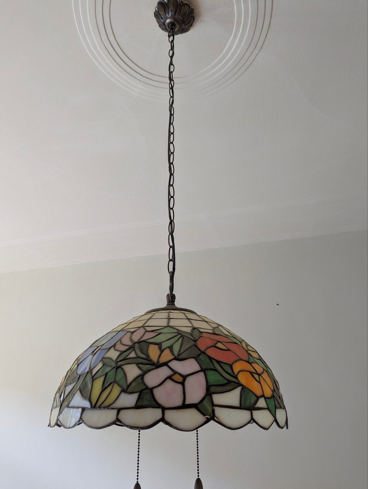 Tiffany Stijl Hanglamp met Bloemenmotief, Huis en Inrichting, Ophalen, Gebruikt, E27 (groot), Tiffany