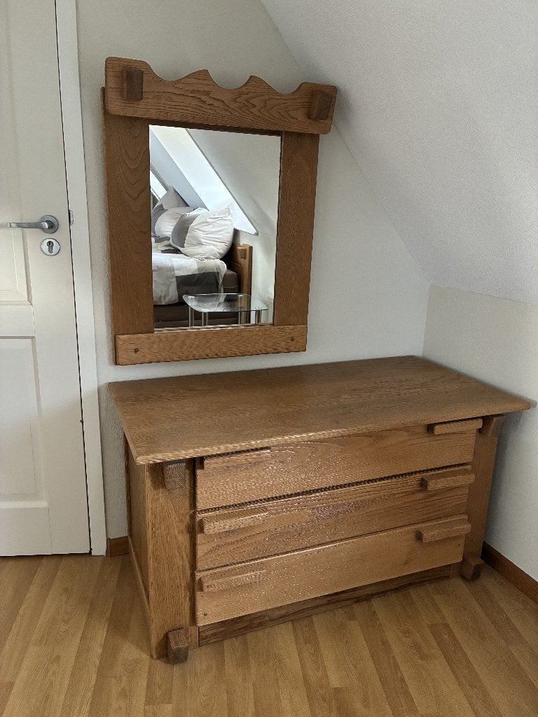 Eiken ladekast met spiegel, Huis en Inrichting, Kasten | Ladekasten, Ophalen, 100 tot 150 cm, Klassiek, Eikenhout