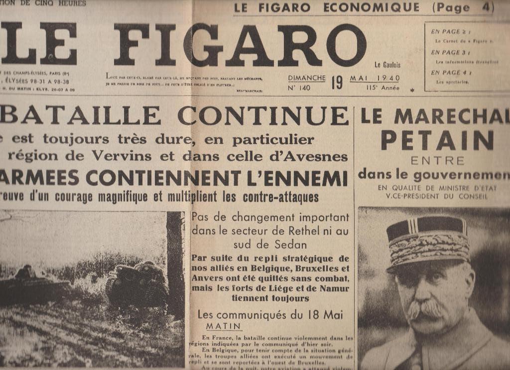 oorlog 19 5 1940 guerre franstalige krant 2 blz. 58 x 33 cm, Verzamelen, Ophalen of Verzenden, 1940 tot 1960, Krant