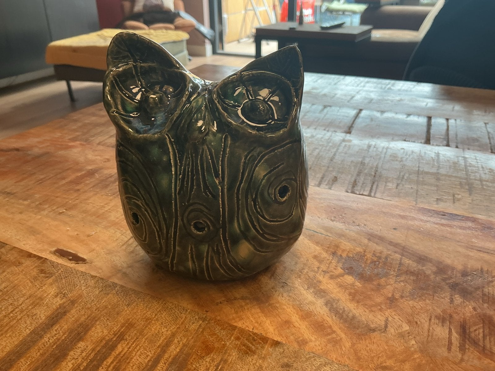 Unieke Handgemaakte Keramieken Uil - Groen Glazuur, Antiek en Kunst, Ophalen