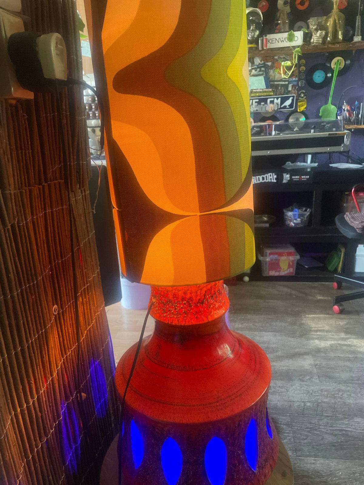 Vintage lampvoet met dubbele verlichting en retro kap, Ophalen of Verzenden