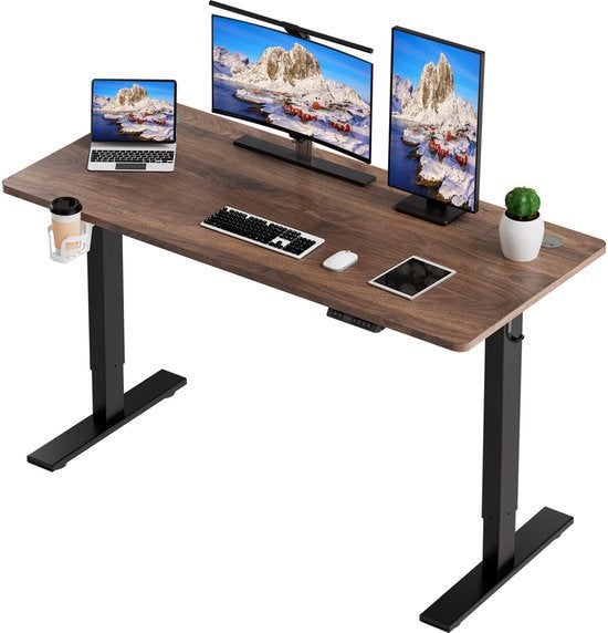 Zit-sta bureau elektrisch verstelbaar 140x90 cm, Spaanplaat of MDF, Bruin, Ophalen of Verzenden, Zo goed als nieuw