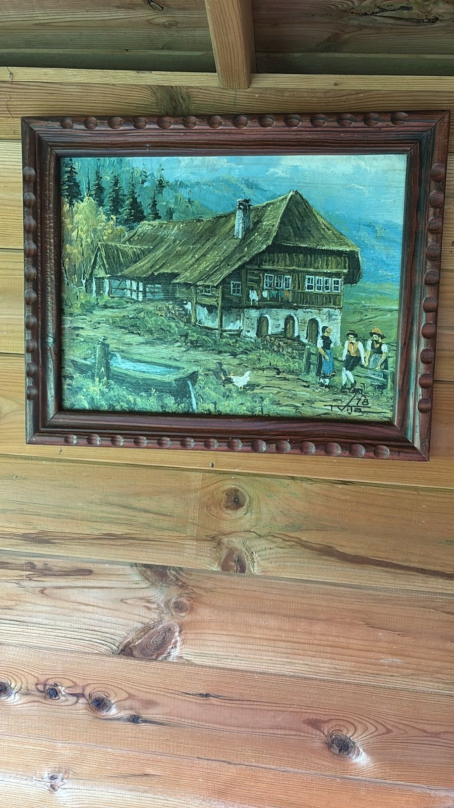 Oud schilderij van een boerderij in de bergen, Ophalen