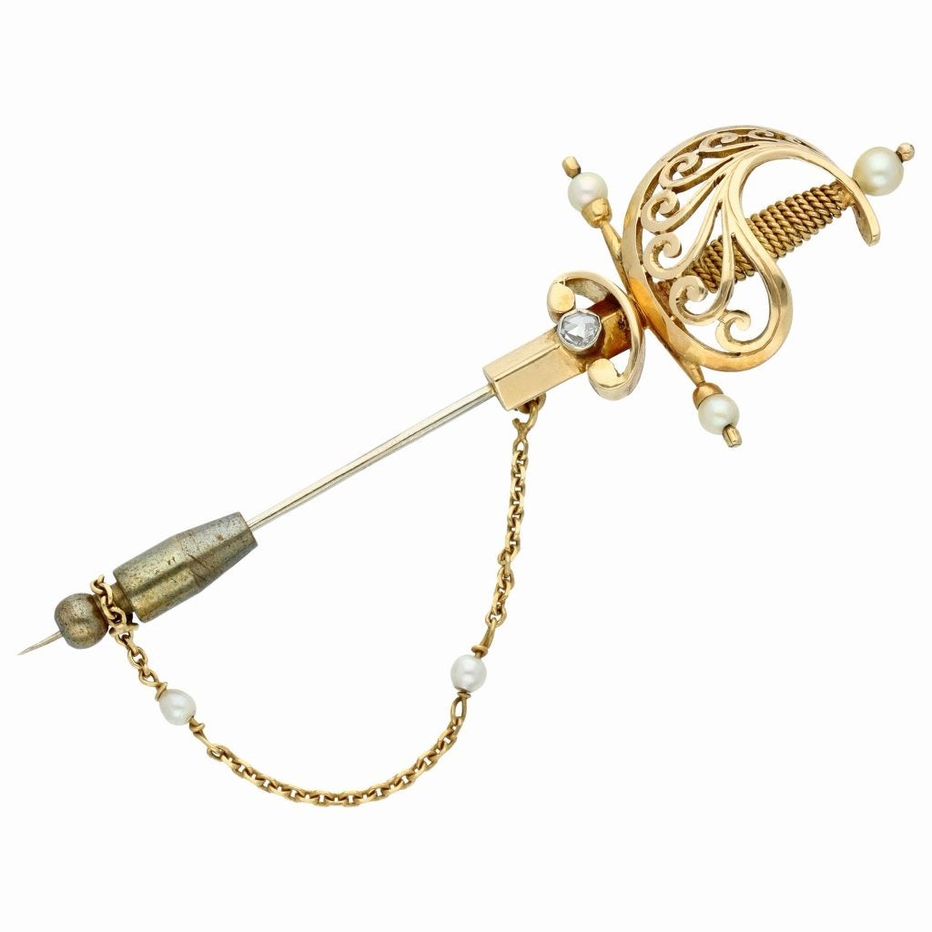 Zwaard Broche van 18 karaat goud met diamant & parels, Met edelsteen, Ophalen of Verzenden, Zo goed als nieuw, Goud