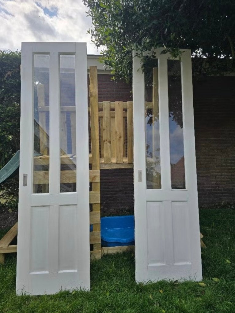 Set antieke jaren 30 witte schuifdeuren, Ophalen, Minder dan 80 cm, 215 cm of meer, Binnendeur