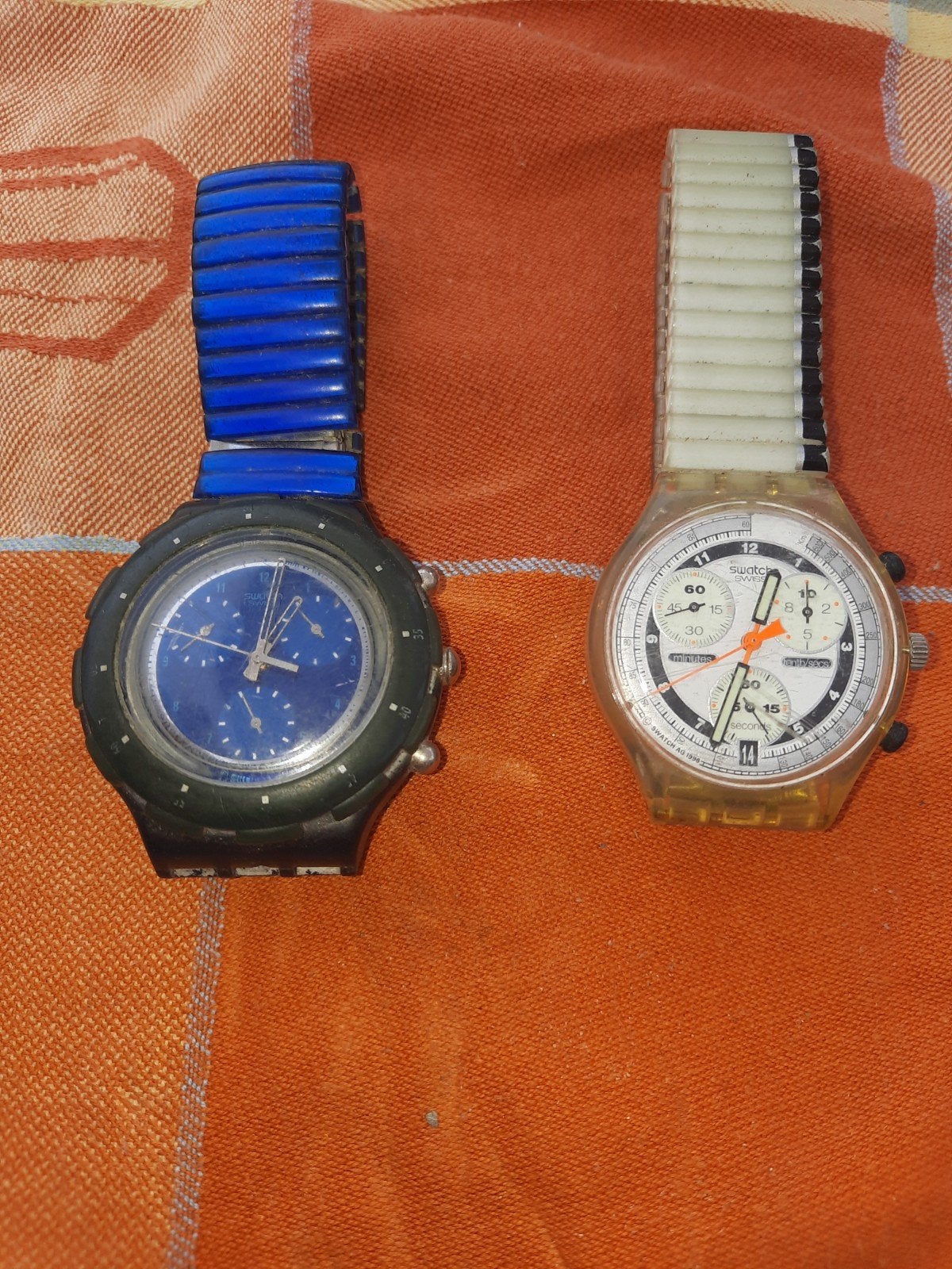 Twee Swatch horloges - Blauw en Wit/Transparant, Kunststof, Gebruikt, Polshorloge, Swatch
