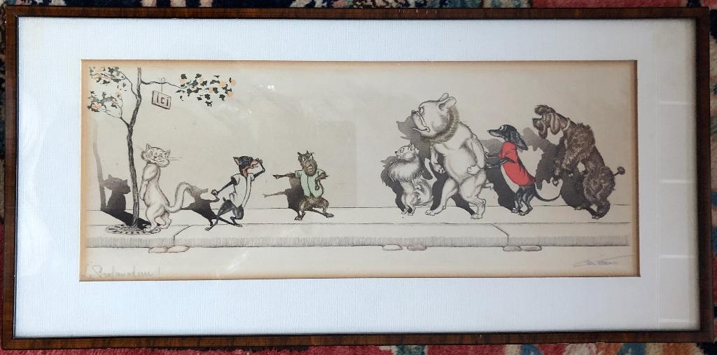 Ingekleurde ets / spotprent, Antiek en Kunst, 54 cm, Dagelijks leven, Ingelijst, Ets