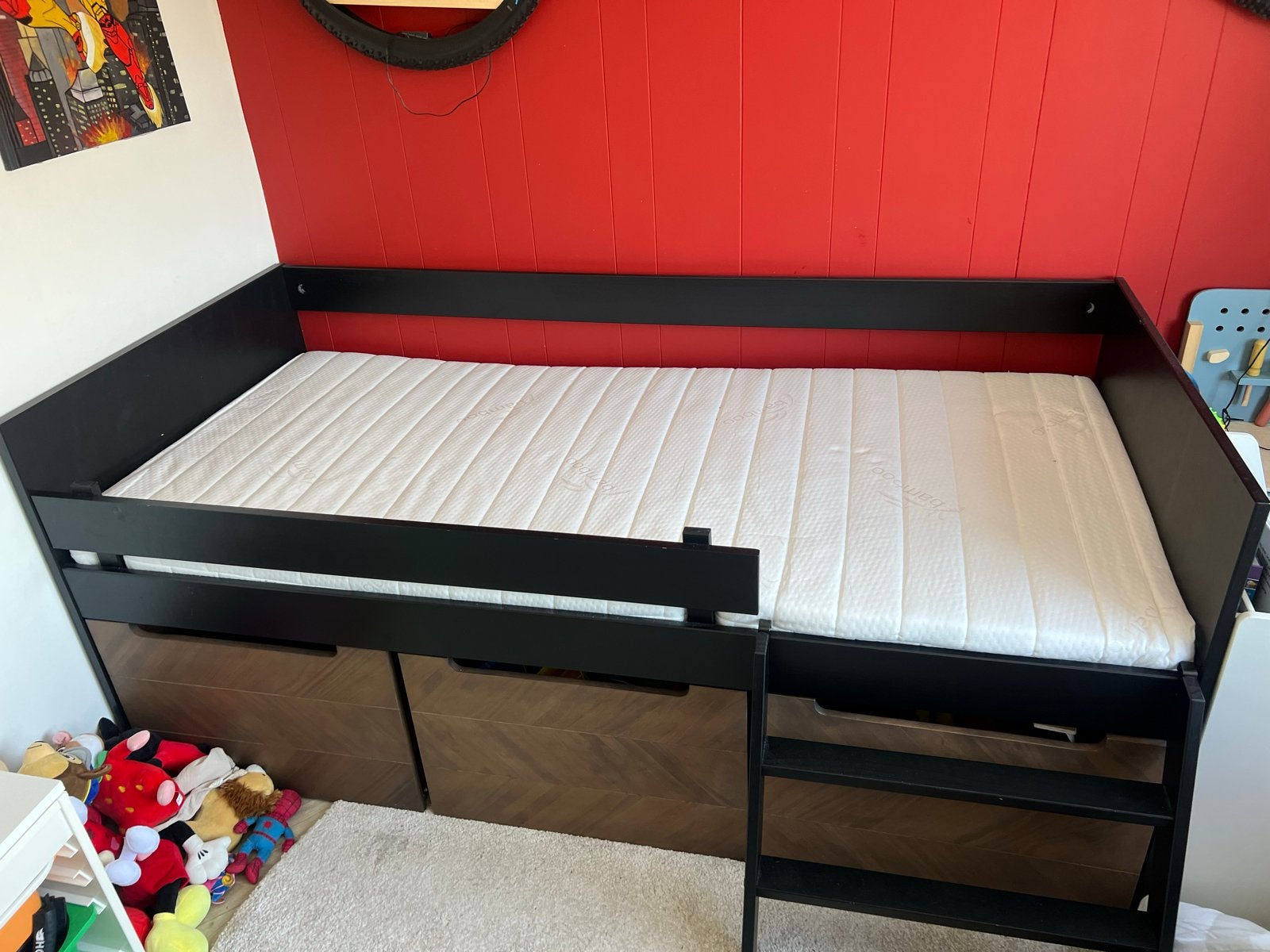 Zwart halfhoogslaper bed met lades en matras, Ophalen, 85 tot 100 cm, Gebruikt, Hoogslaper of Stapelbed
