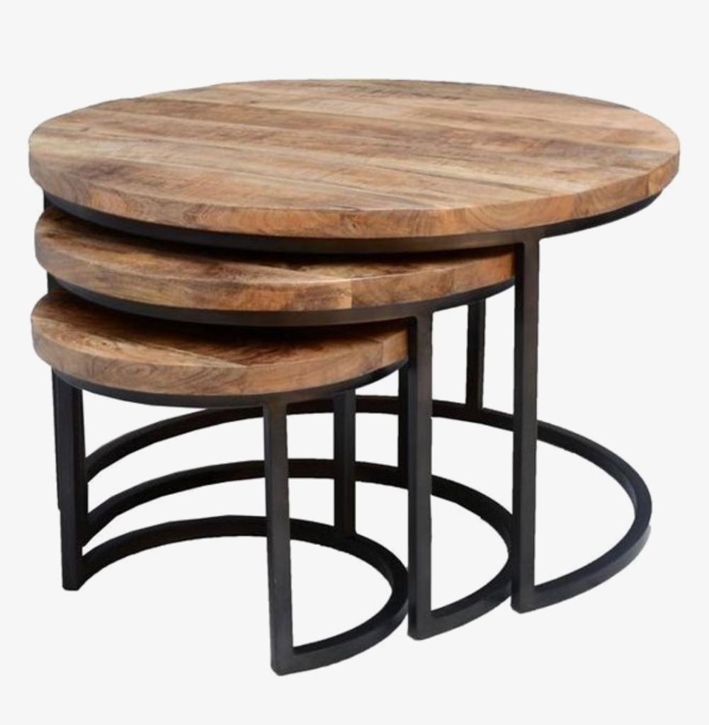 Salontafels | Rond Set van 3 | MangoHout, Huis en Inrichting, Tafels | Salontafels, Ophalen, Rond, 50 tot 100 cm, Metaal