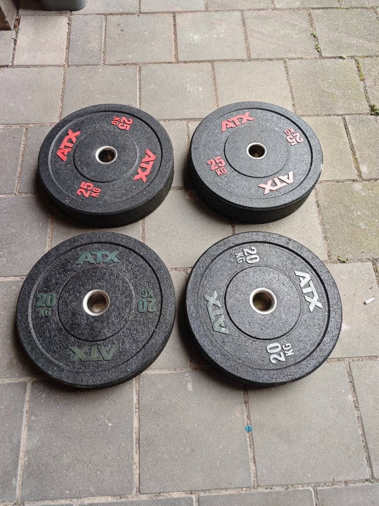 ATX bumper platen 2x25 kg, 2x20 kg, Ophalen, Zo goed als nieuw, Benen, Halterschijven