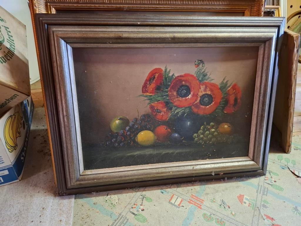Schilderij met klaprozen en fruit, Antiek en Kunst, Kunst | Schilderijen | Klassiek, Ophalen