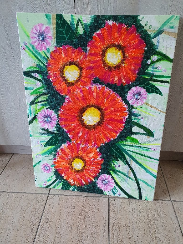 Bloemen schilderij, Ophalen of Verzenden, Zo goed als nieuw, Schilderij, 75 – 100