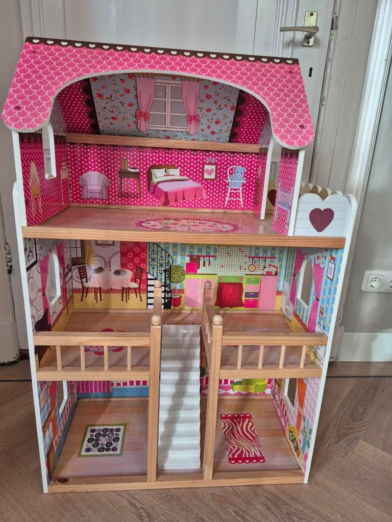 Groot houten poppenhuis met meubels, Ophalen, Zo goed als nieuw, Poppenhuis