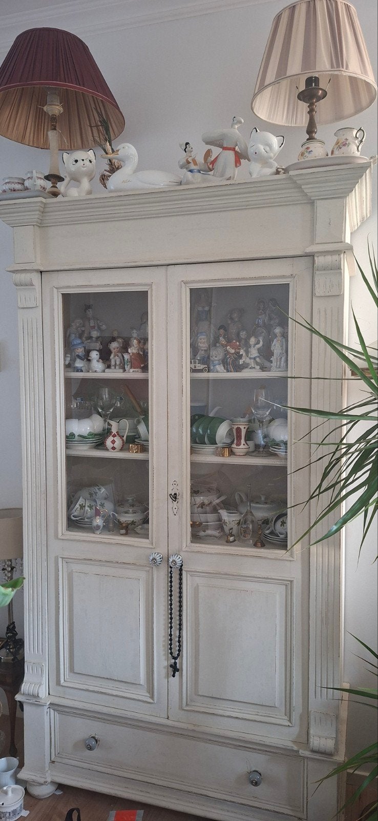 Shabby Chic Houten Kast met Glazen Deuren en Kroonlijst, Ophalen of Verzenden