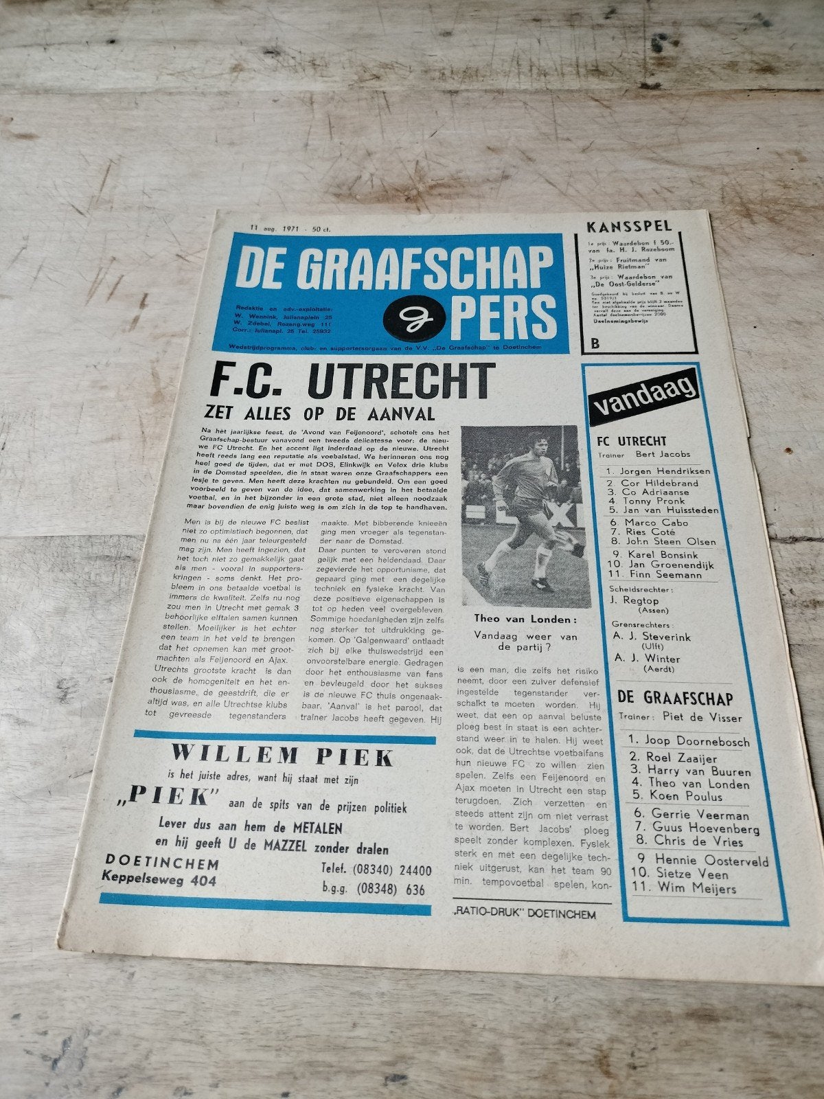 Programmaboekje de Graafschap FC Utrecht 1971-72, Ophalen of Verzenden, F.C. Utrecht, Poster, Plaatje of Sticker
