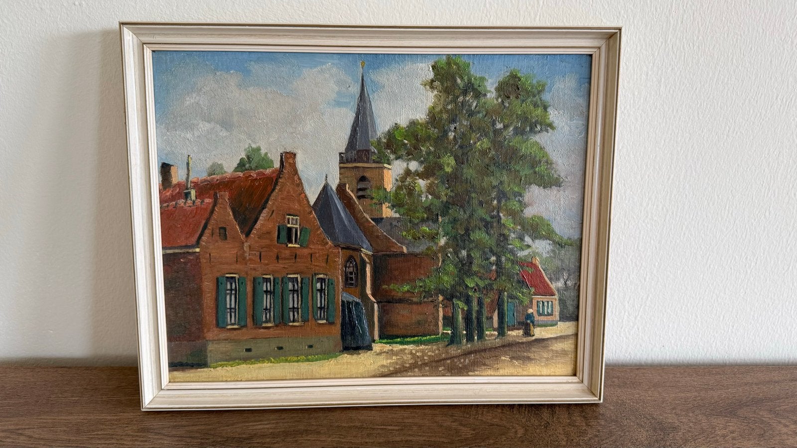 Olieverfschilderij Dorpsgezicht met Kerk en Bomen, Ophalen, Doek, Realistisch, Olieverf