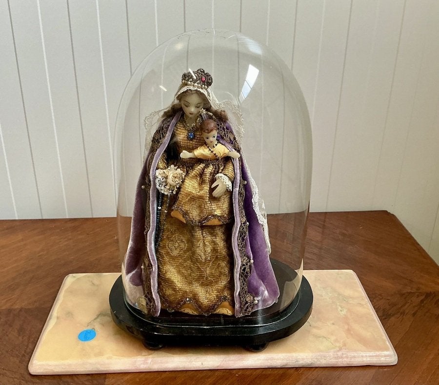 Kavel 94 - Antiek devotiebeeld Madonna onder glazen stolp, Antiek en Kunst, Ophalen of Verzenden