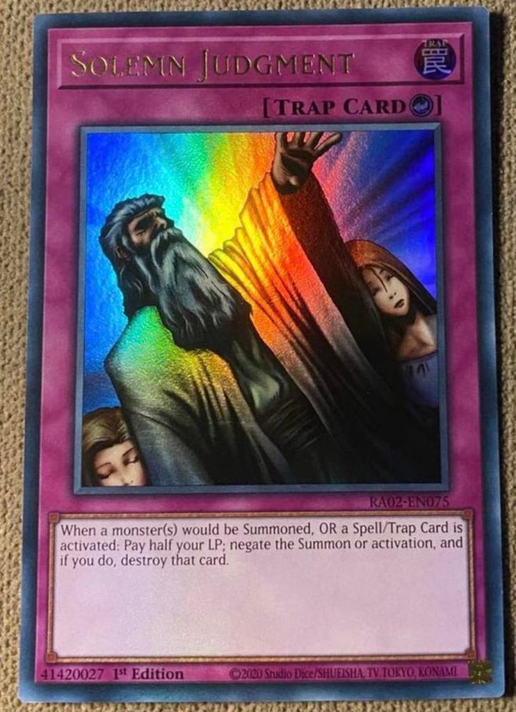 Yu-Gi-Oh! Solemn Judgment RA02 1st Edition !, Ophalen of Verzenden, Zo goed als nieuw, Losse kaart, Foil