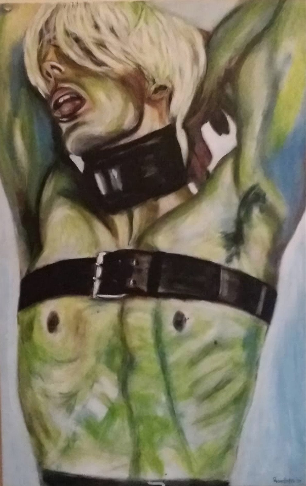 Expressief portret van een figuur met riemen 115x75, Antiek en Kunst, Kunst | Schilderijen | Klassiek, Ophalen, Acrylverf, Doek