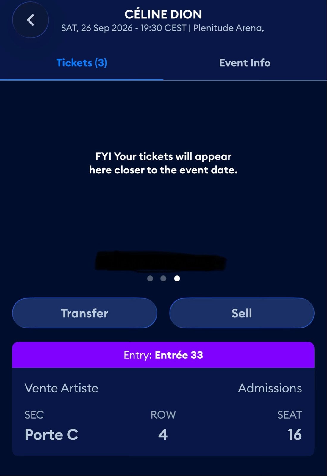 TE KOOP: 1 DIAMANT PARTERRE TICKET CELINE DION SAT 26 SEPT!, Eén persoon, September