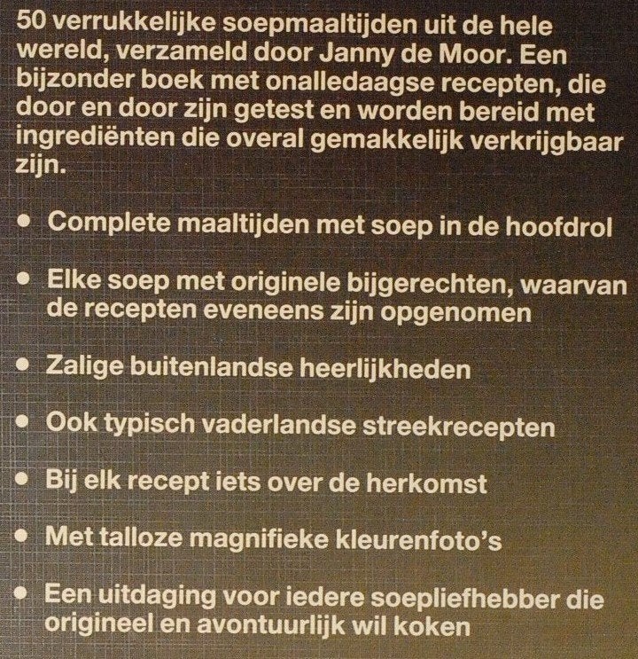 Kookboek Soep als Maaltijd – Janny de Moor (1985), Boeken, Verzenden, Zo goed als nieuw, Voorgerechten en Soepen