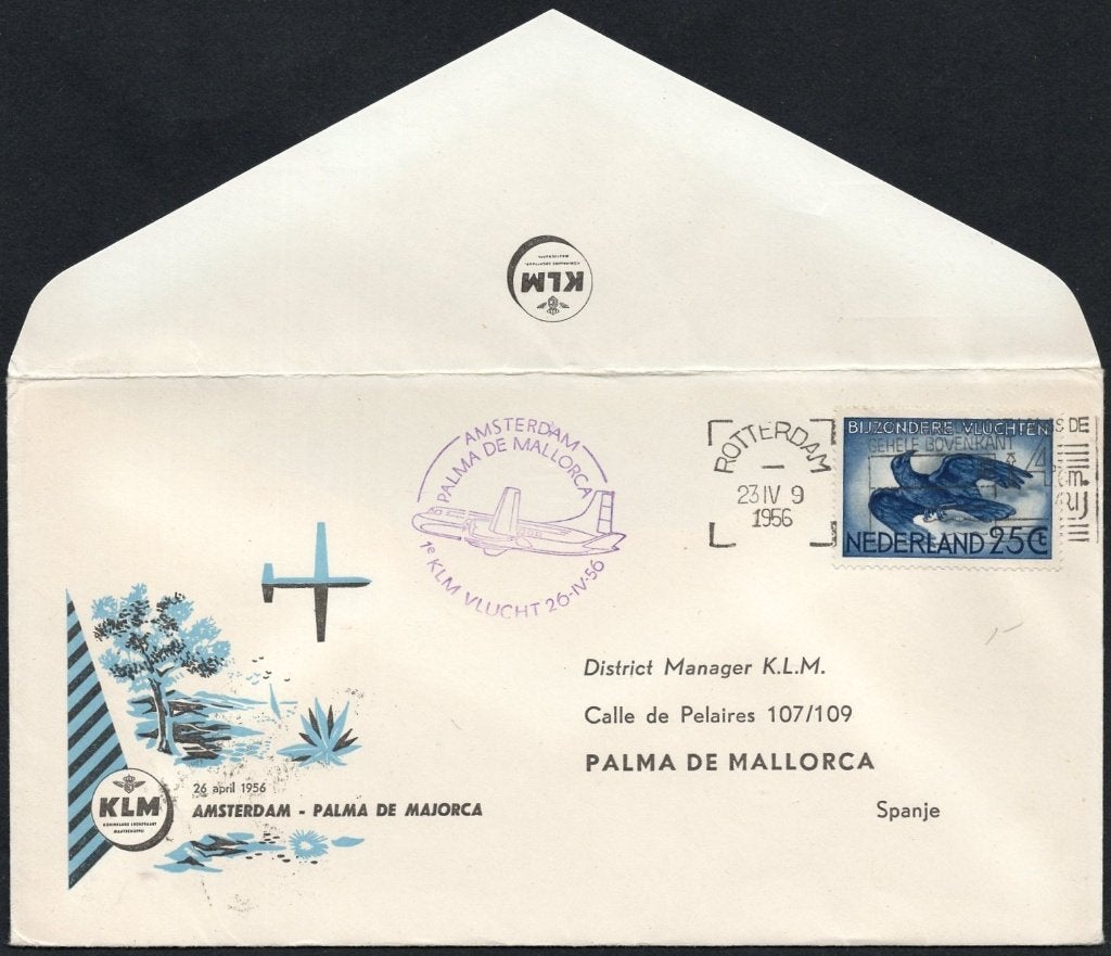 1e KLM vlucht Palma de Mallorca Spanje 1956, Postzegels en Munten, Brieven en Enveloppen | Nederland, Verzenden, Envelop
