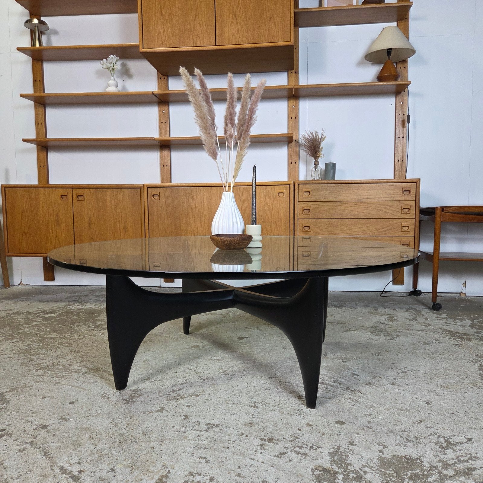 Vintage jaren 50-60 space age design salontafel glas en hout, Huis en Inrichting, Ophalen, Gebruikt, Rond, Glas